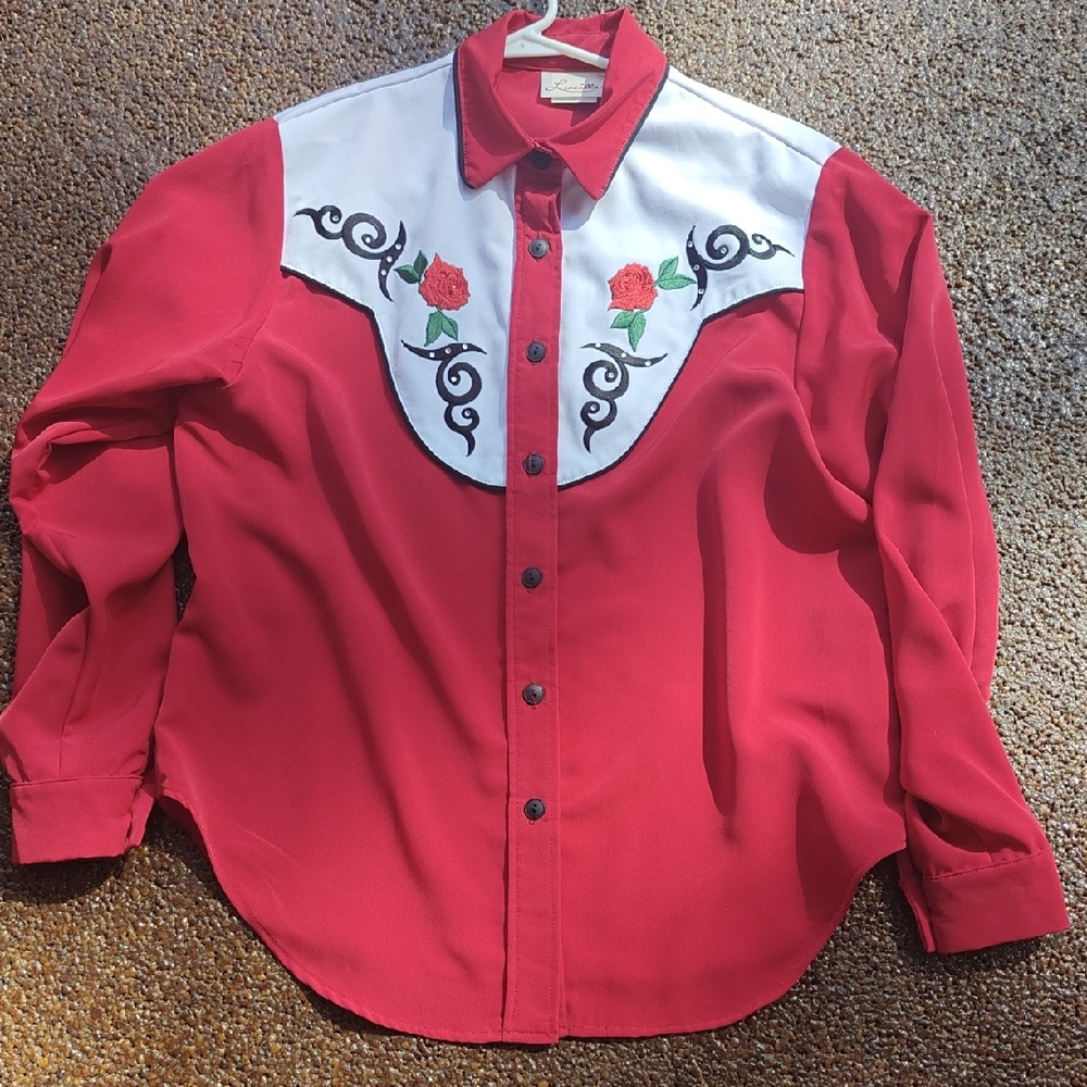 Lucille Red Rose Western Shirt with Floral Embroidery
